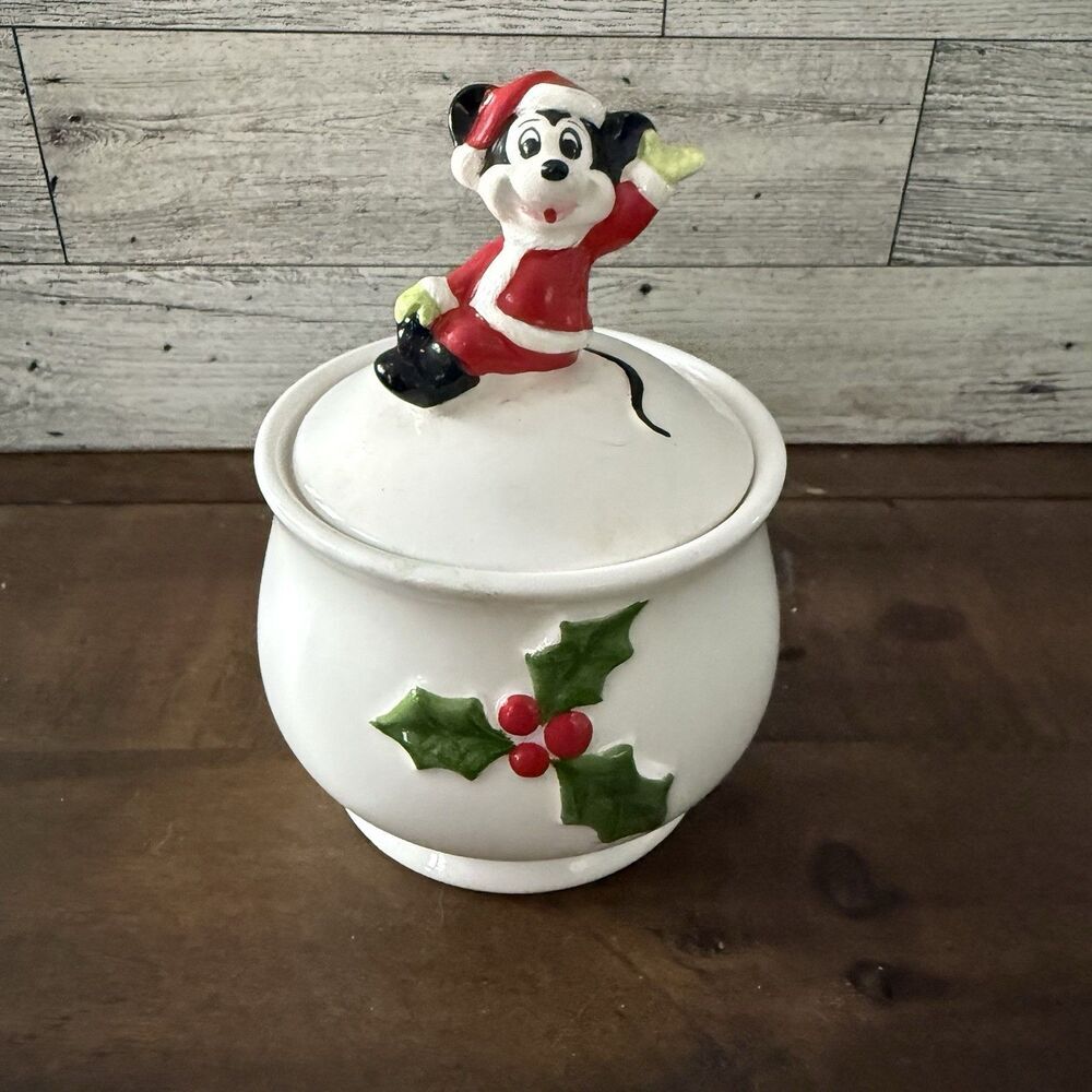 Vintage Walt Disney Production Mickey Mouse Christmas Covered Trinket Dish JAPAN